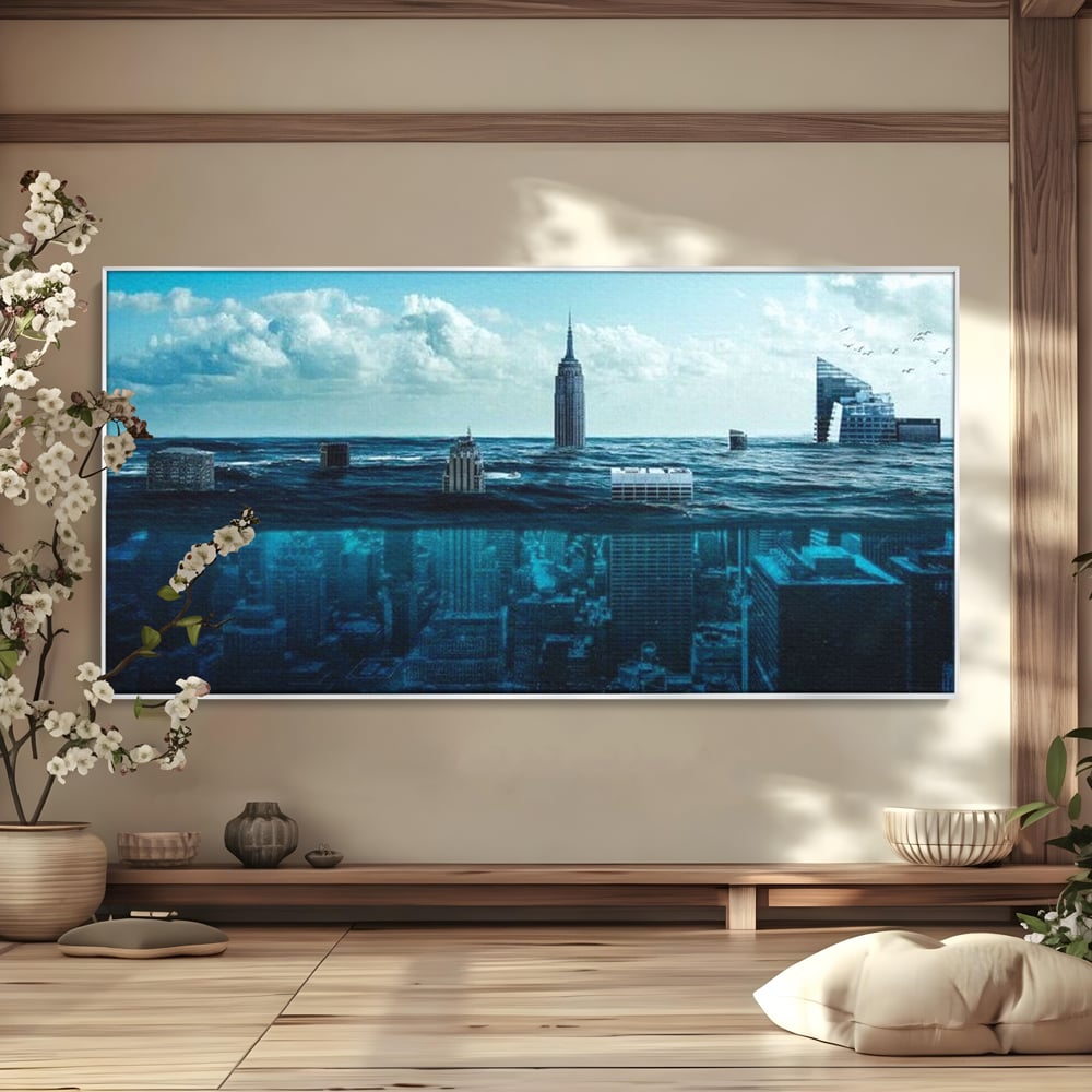 Tablou canvas cu ilustratie digitala cu oras scufundat in ocean, in rama de aluminiu argintiu
